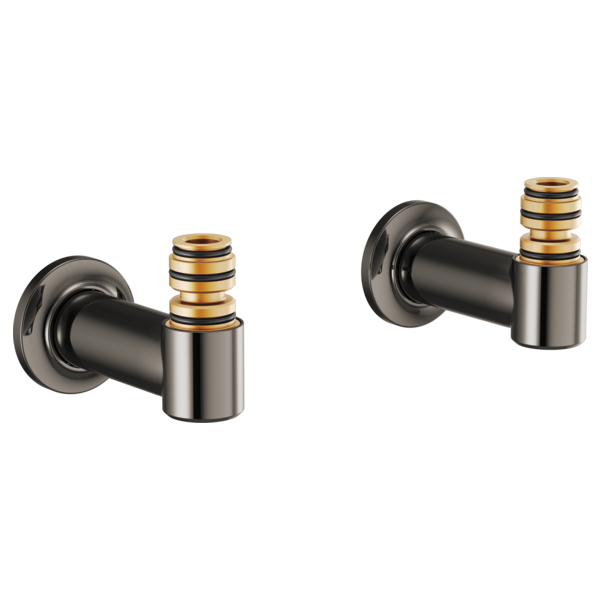 Two black matte wall-mount tub filler unions with brass-banded connectors on white background.
