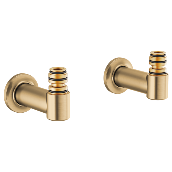 Two brass wall mount tub filler union connectors with gold and black striped accents.