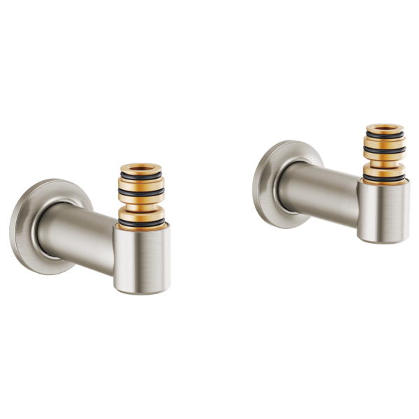 Two brushed nickel wall-mount tub filler unions with gold and black striped connectors.
