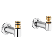 Two chrome wall-mount tub filler unions with gold and black striped connectors.
