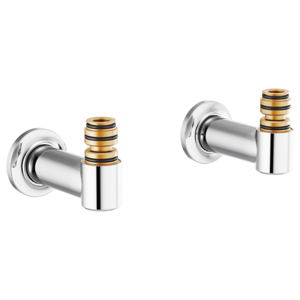 Two chrome wall-mount tub filler unions with gold and black striped connectors.