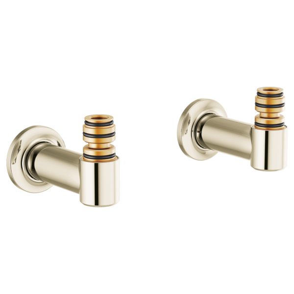 Two polished nickel wall-mount tub filler unions with gold and black striped connectors.