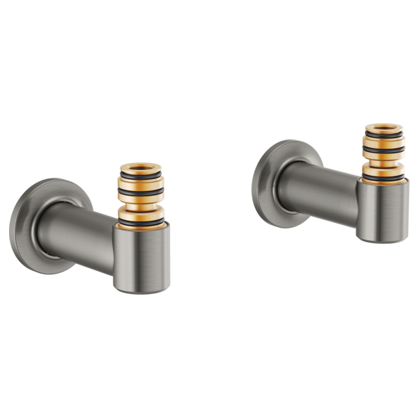 Two brushed stainless steel wall-mounted tub filler unions with gold-accented threaded connectors.