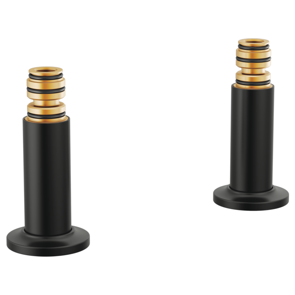 Two black cylindrical unions with gold-toned threaded connectors and round bases for deck-mount tub filler installation.