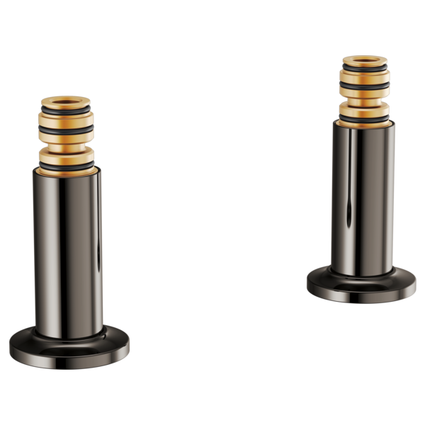 Two polished nickel deck mount tub filler unions with gold and black striped connectors and round bases.