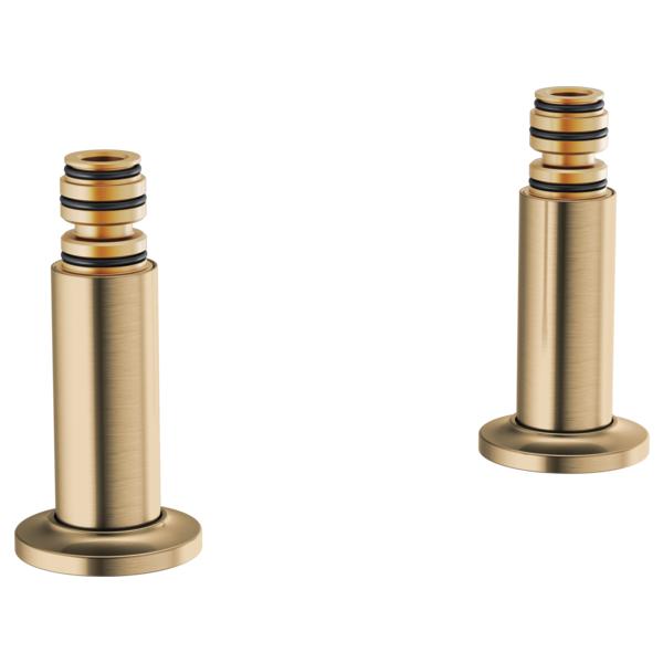 Two champagne bronze deck mount tub filler unions with threaded connectors and rubber seals.
