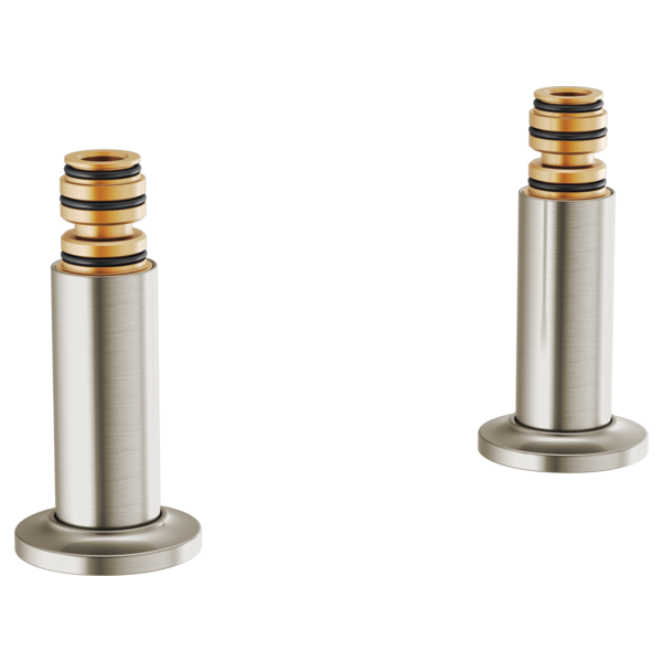 Two brushed nickel deck mount tub filler unions with gold and black striped connectors.