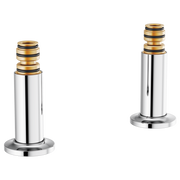 Pair of polished chrome deck mount tub filler unions with gold and black striped connectors.