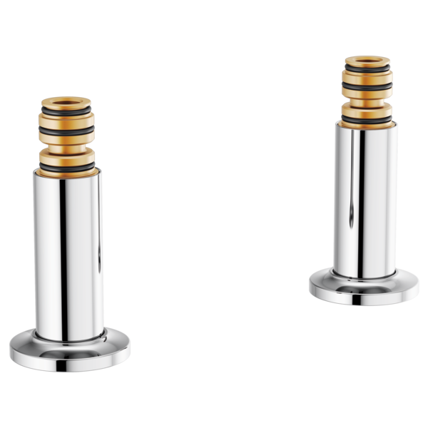 Pair of polished chrome deck mount tub filler unions with gold and black striped connectors.