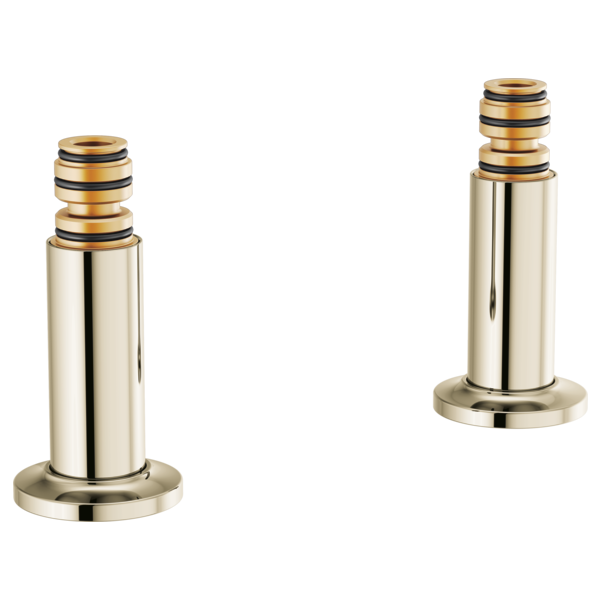 Two polished brass deck mount tub filler unions with black and gold threaded tops and round bases.