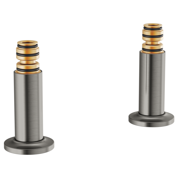 Two stainless steel deck mount tub filler unions with brass and black banded connector tops and round bases.