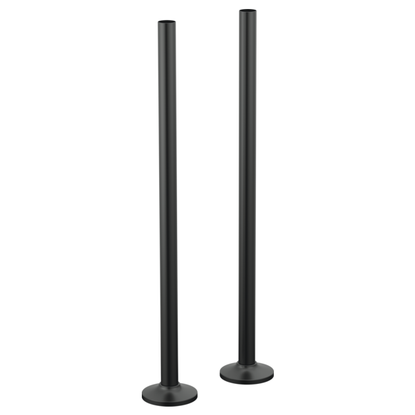 Two black cylindrical floor-mounted pipe unions with round bases for tub filler connections.