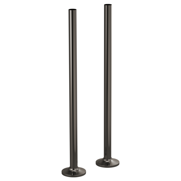 Two dark bronze vertical pipe unions with round floor-mounted bases for tub filler installation.