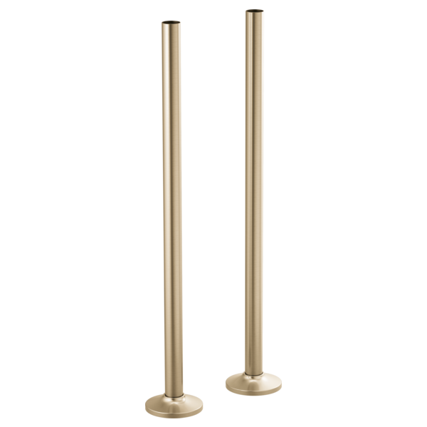 Two vertical brass-colored tubular unions with circular base flanges for floor mounting.