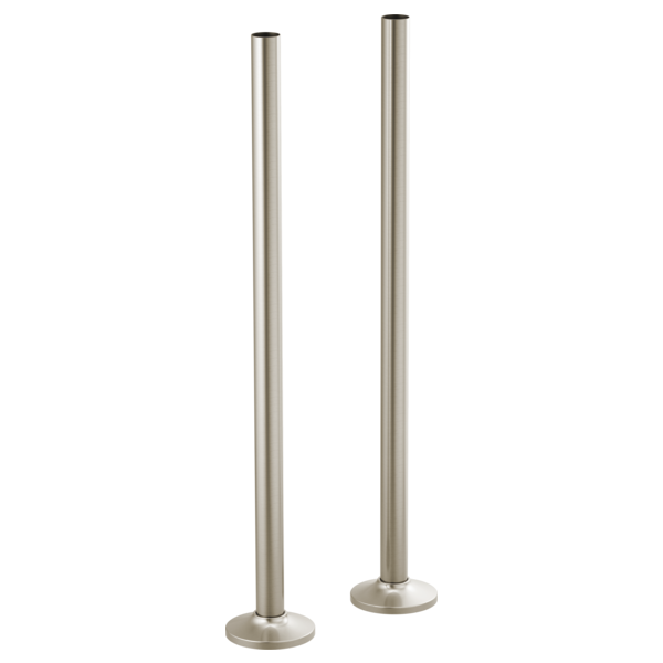 Two vertical stainless steel pipes with round base flanges for floor mounting tub filler connections.