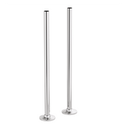 Two polished chrome cylindrical floor-mount union tubes with round bases for tub filler installation.