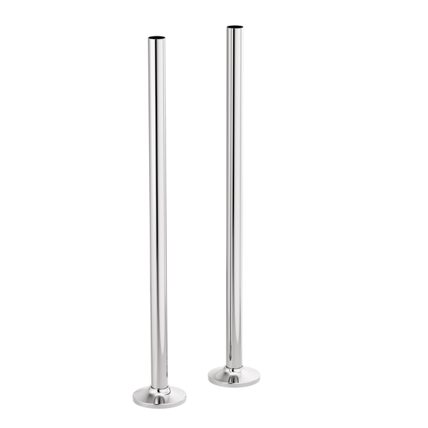 Two polished chrome cylindrical floor-mount union tubes with round bases for tub filler installation.