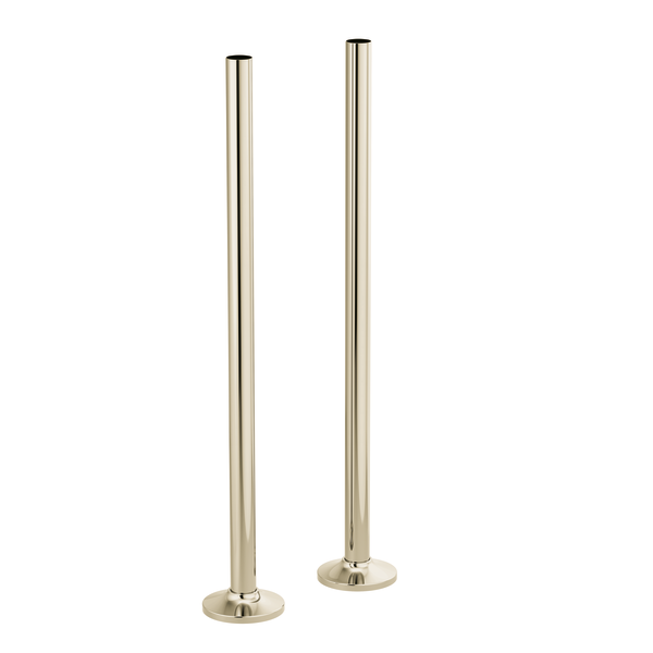 Two polished brass vertical pipe unions with circular base flanges for floor mounting.