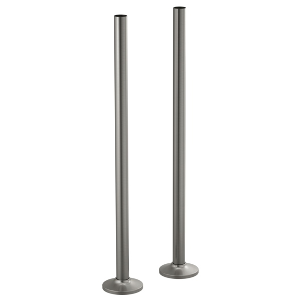 Two tall cylindrical metal pipe unions with round base flanges in brushed gunmetal finish.