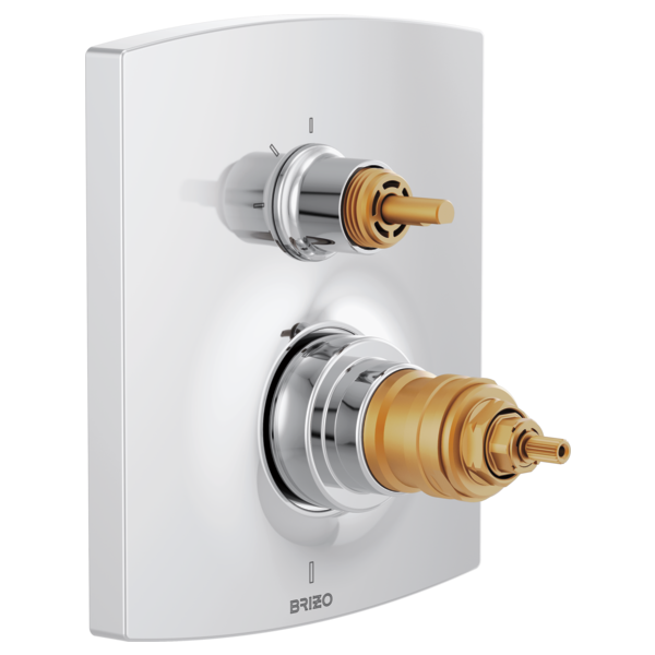 White Brizo Kintsu thermostatic valve with stacked brass cartridges and diverter trim mounted on curved rectangular plate.