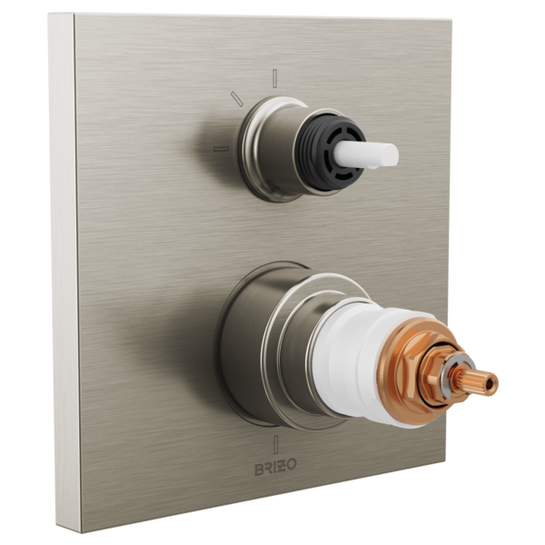 Brushed nickel thermostatic valve trim with two control cartridges mounted on square plate, white stem visible on upper unit.