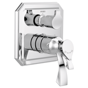 Brizo Virage chrome thermostatic valve trim with dual handles and integrated diverter control on square escutcheon plate.