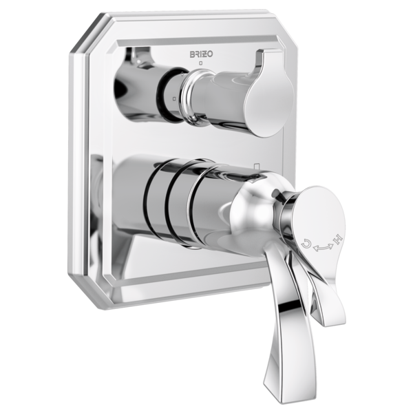 Brizo Virage chrome thermostatic valve trim with dual handles and integrated diverter control on square escutcheon plate.
