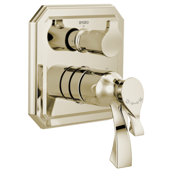 Brizo polished nickel thermostatic valve trim with upper dial control and lower lever handle for diverter function.