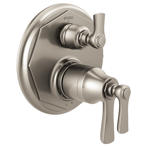 Brushed nickel thermostatic valve trim with dual handles and curved backplate featuring stacked control knobs.