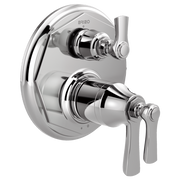Brizo Rook chrome thermostatic valve trim with dual lever handles and round backplate.