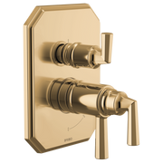 Polished gold thermostatic valve trim with two lever handles and integrated diverter on rectangular backplate.