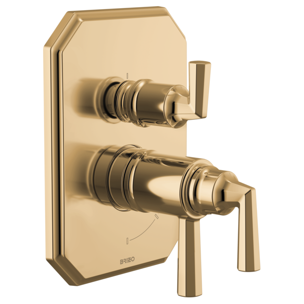 Polished gold thermostatic valve trim with two lever handles and integrated diverter on rectangular backplate.