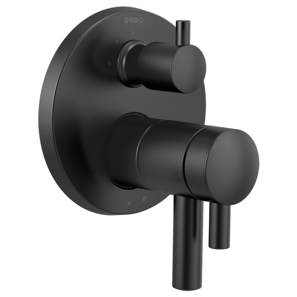 Matte black thermostatic valve trim with dual cylindrical handles and circular wall plate.