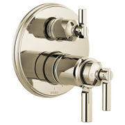 Polished nickel thermostatic valve trim with round escutcheon plate and dual lever handles for temperature and diverter contr