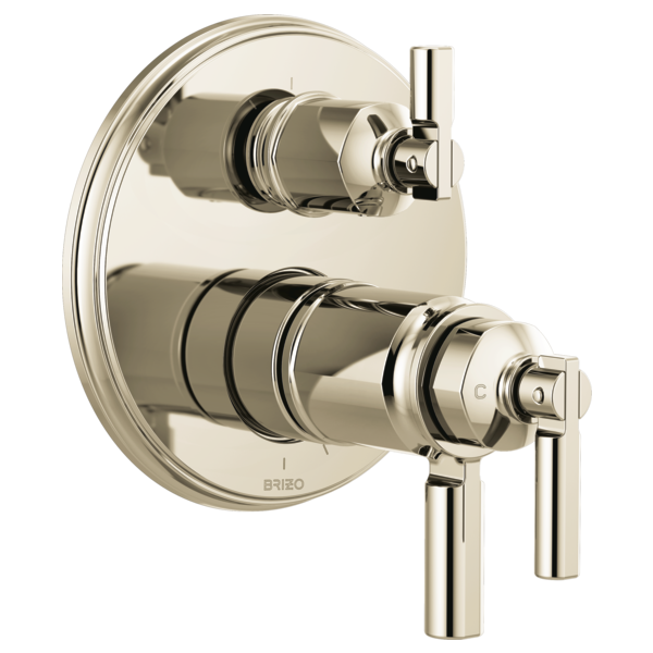 Polished nickel thermostatic valve trim with round escutcheon plate and dual lever handles for temperature and diverter contr