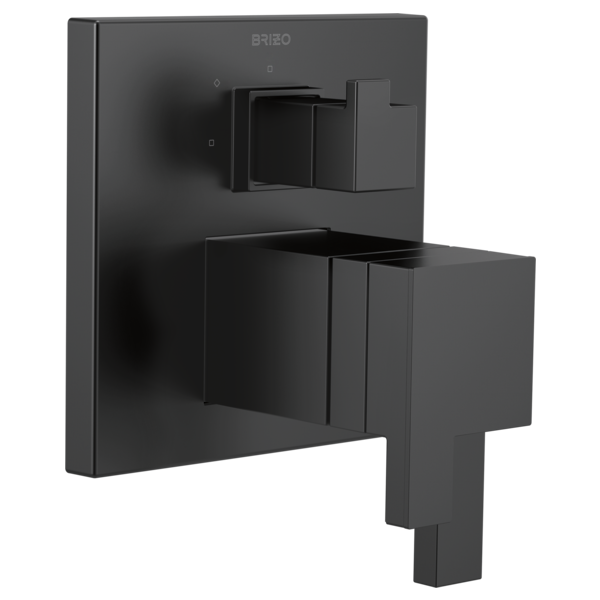 Matte black thermostatic valve trim with rectangular backplate and lever handle, featuring diverter controls.