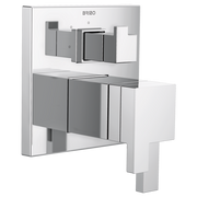 Brizo thermostatic valve trim with rectangular handles and diverter control in chrome and gray finish.