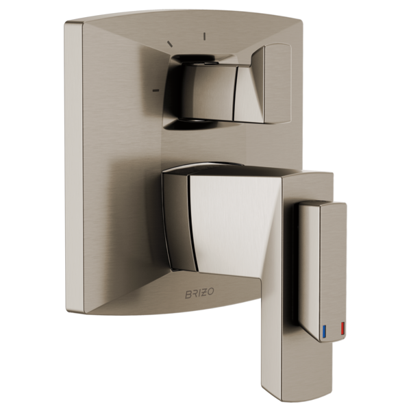 Brushed nickel thermostatic valve trim with curved rectangular handles and integrated diverter control for shower system.