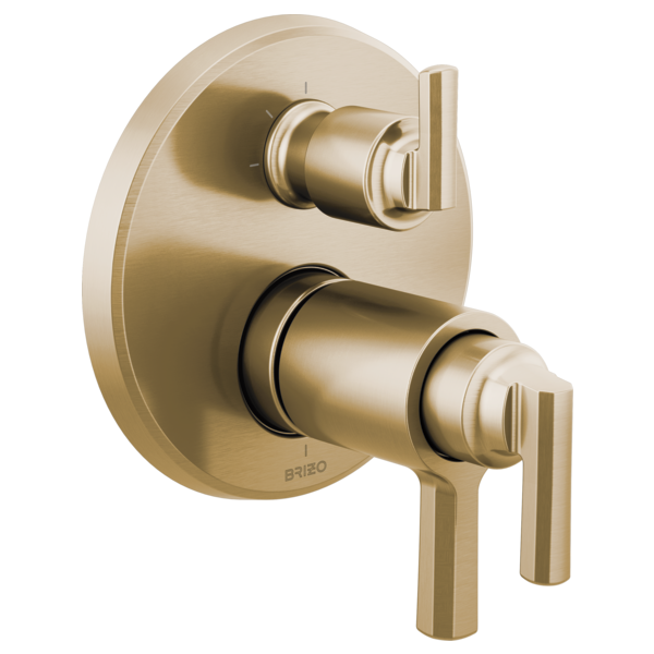 Brushed champagne bronze thermostatic valve trim with two lever handles and integrated diverter control mounted on round escu