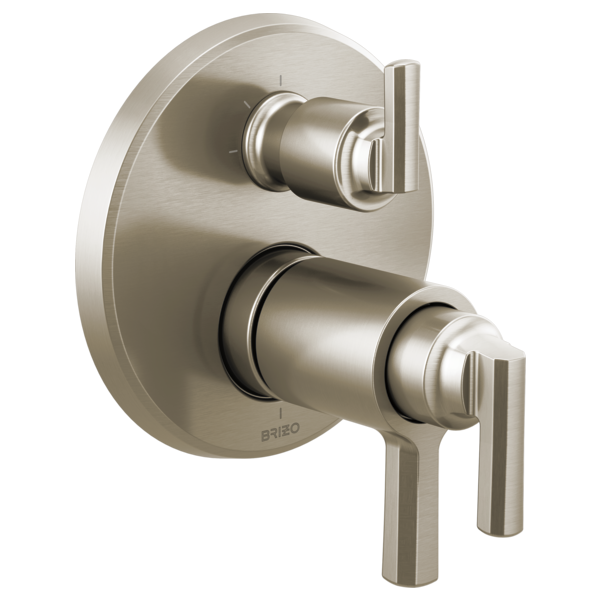 Brushed nickel thermostatic valve with dual lever handles and integrated diverter control mounted on circular trim plate.