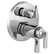 Chrome thermostatic valve trim with two rectangular lever handles and integrated diverter control on circular backplate.