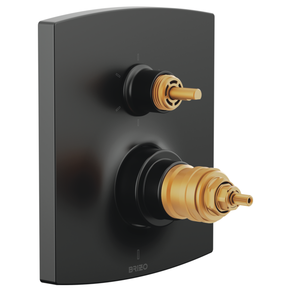 Black curved valve trim with two brass stems and black control knobs mounted on matte finish escutcheon plate.