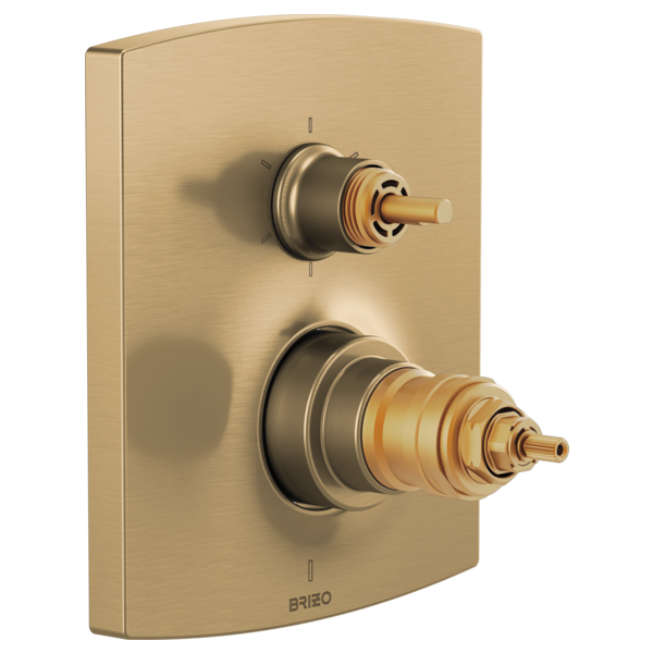 Brushed gold curved thermostatic valve trim with two metal stems and diverter cartridge visible on face plate.