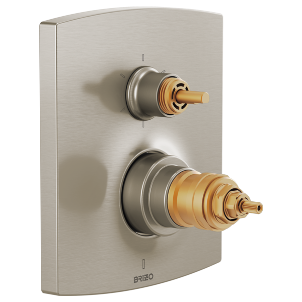 Brushed nickel thermostatic valve trim with two brass cartridge stems mounted on rectangular plate.