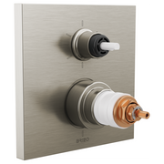 Luxe nickel thermostatic valve trim with integrated diverter featuring two white handles and copper interior components on sq