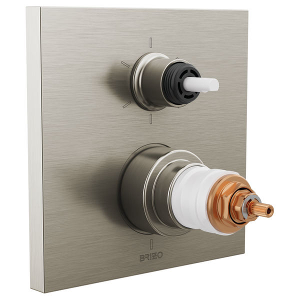 Luxe nickel thermostatic valve trim with integrated diverter featuring two white handles and copper interior components on sq