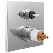 Brizo thermostatic valve trim with upper diverter outlet and lower control outlet mounted on square chrome escutcheon plate.