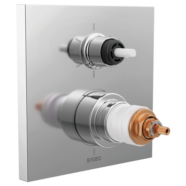 Brizo thermostatic valve trim with upper diverter outlet and lower control outlet mounted on square chrome escutcheon plate.