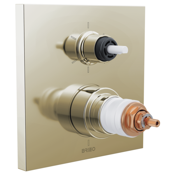Brizo thermostatic valve trim with two control cartridges on brushed champagne bronze square trim plate.