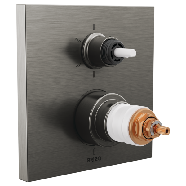 Brushed stainless steel thermostatic valve trim with two control knobs mounted on square backing plate.